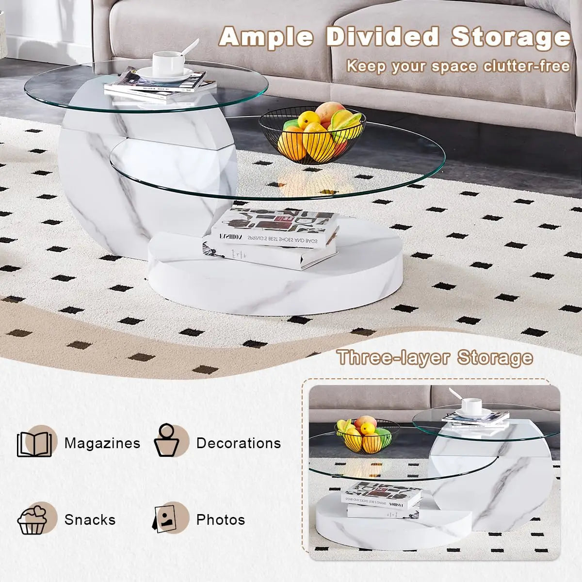 42" 3-Tier Round Glass Coffee Table