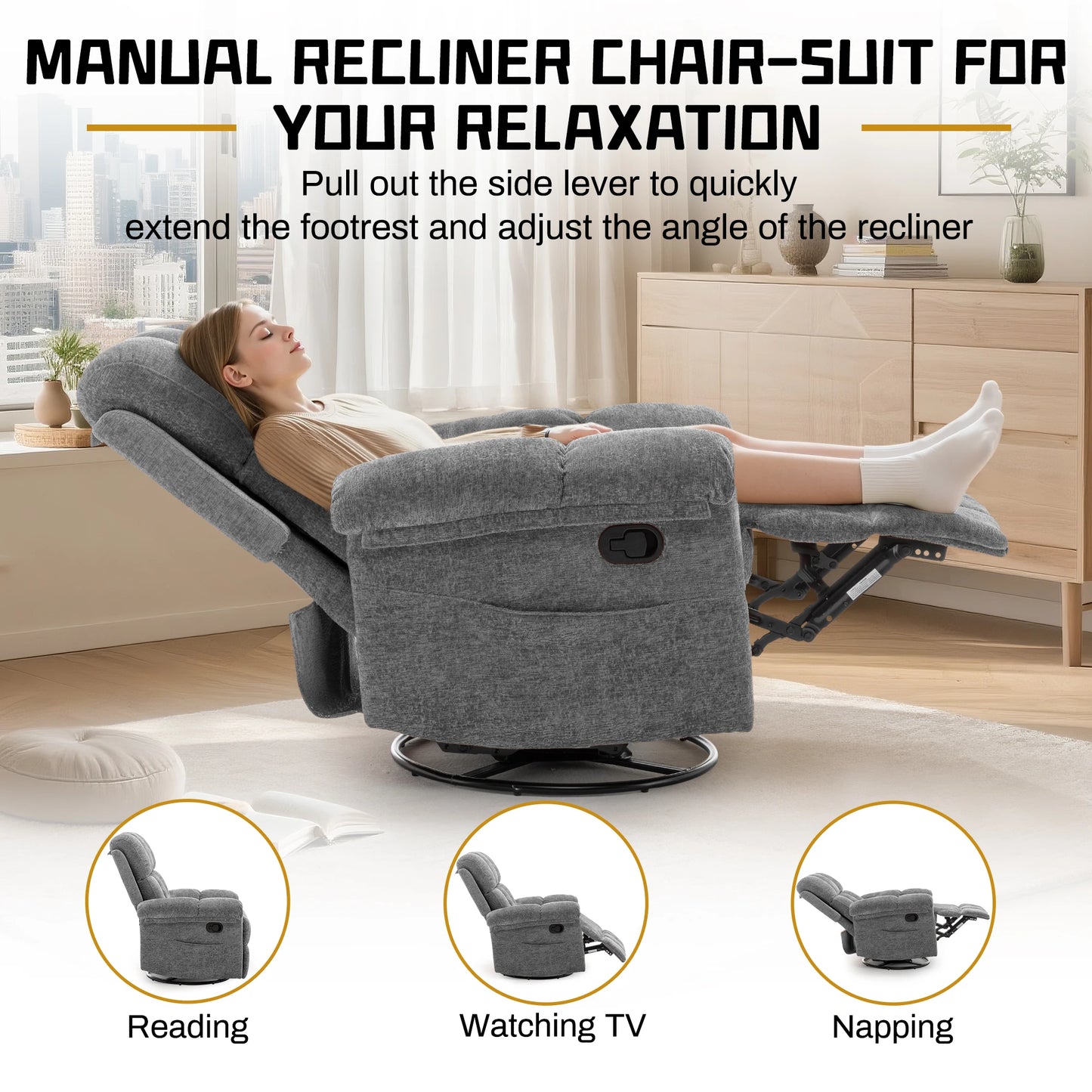 Swivel Rocker Recliner Chair With Side Pockets