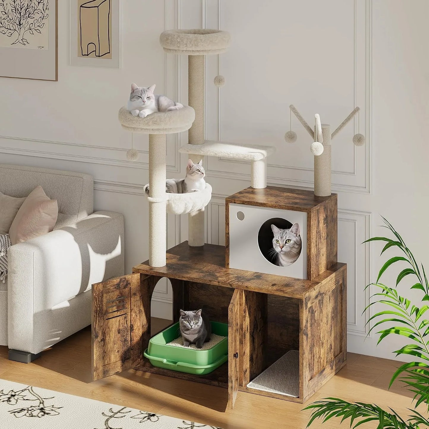 Cat Tower with Litter Box Enclosure, 2-in-1 Modern Cat Tree