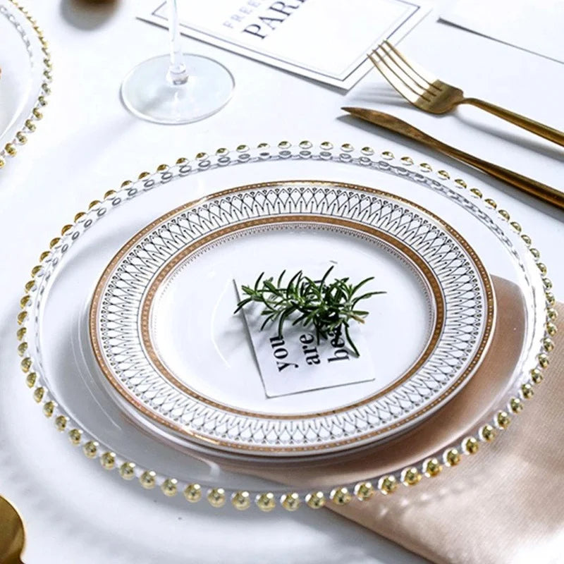 Golden Beads Round Glass Plate