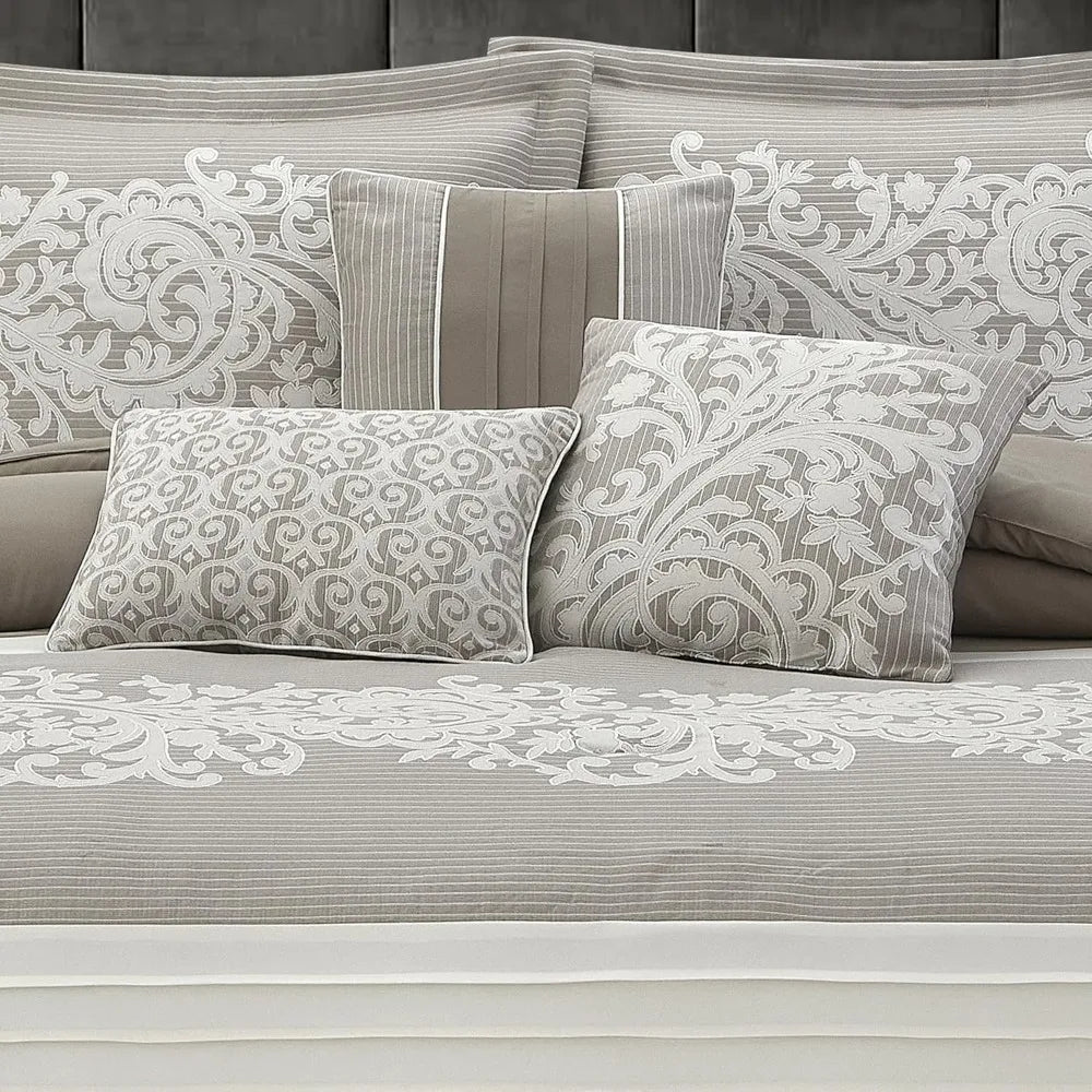 Queen Size Taupe Damask Jacquard Comforter Set