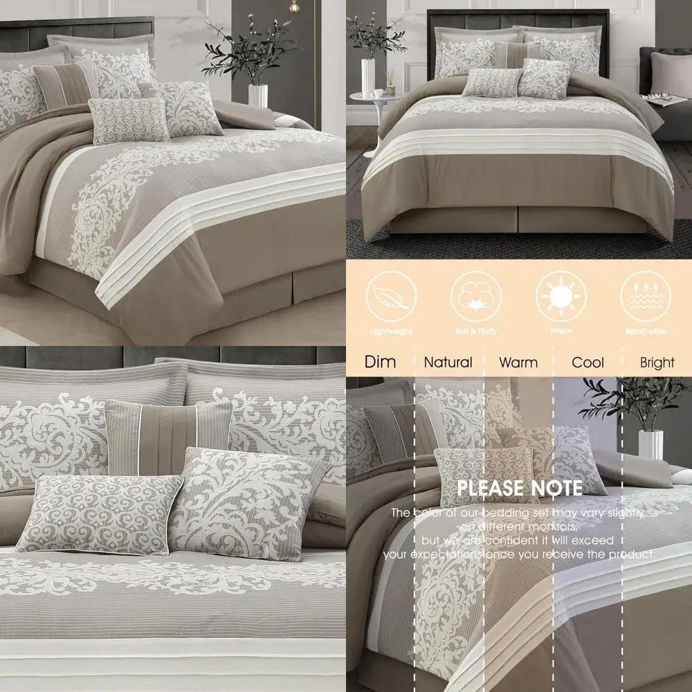 Queen Size Taupe Damask Jacquard Comforter Set