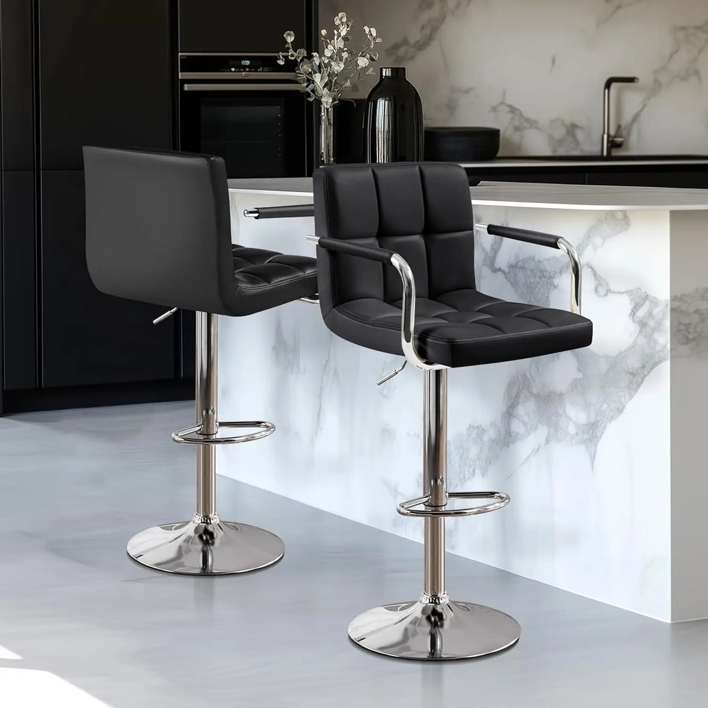 Bar Stools Set 2, Leather Adjustable Swivel