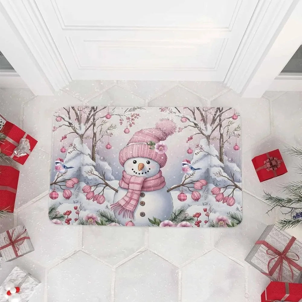 Pink Snowman Flowers Non-slip Door Mat