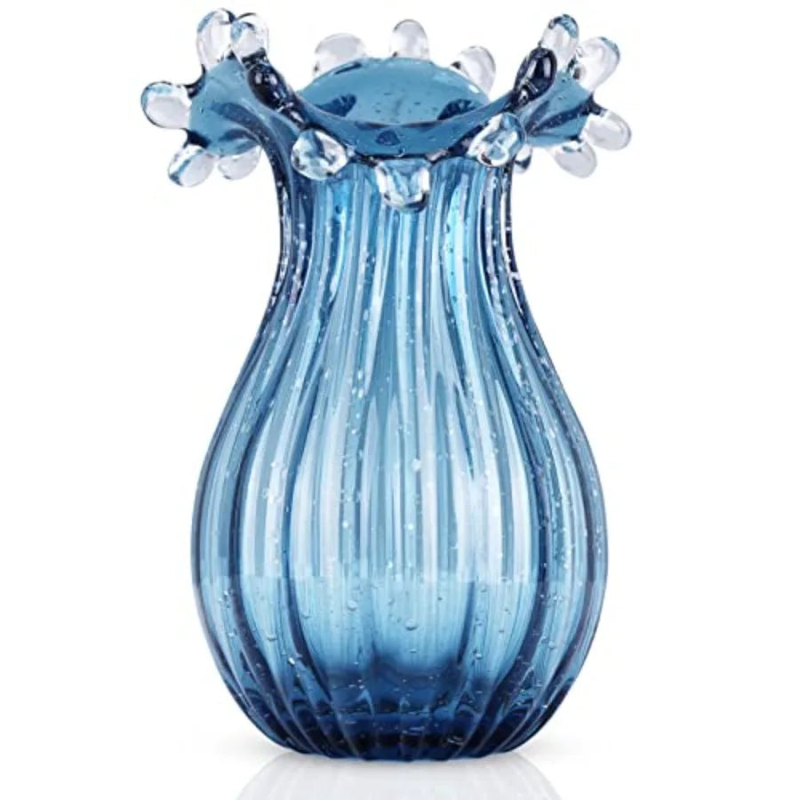 Hand Blown Glass vase, Green Wide-Mouth Petal-Shaped Vase