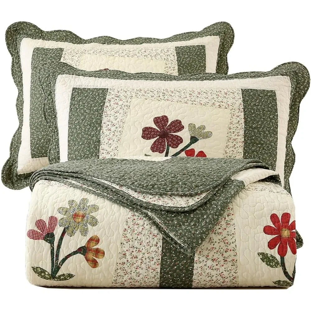 3 Piece Embroidered Floral Quilted Bedspread