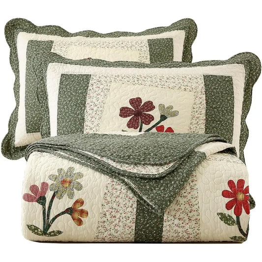 3 Piece Embroidered Floral Quilted Bedspread