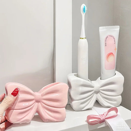 Charming bow ceramic toothbrush holder