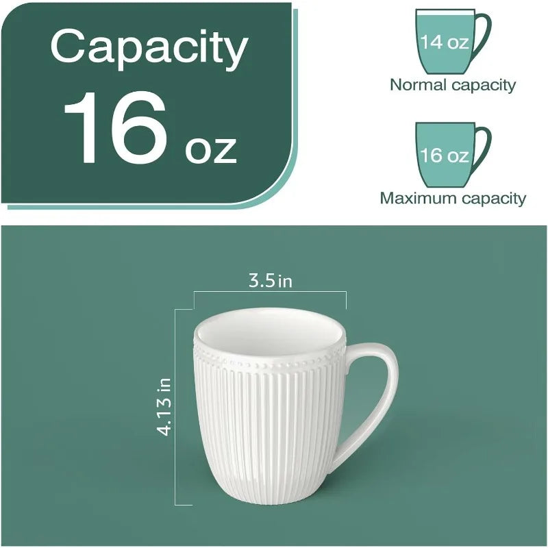 Set of 6, 16 Oz White Porcelain Mug Set