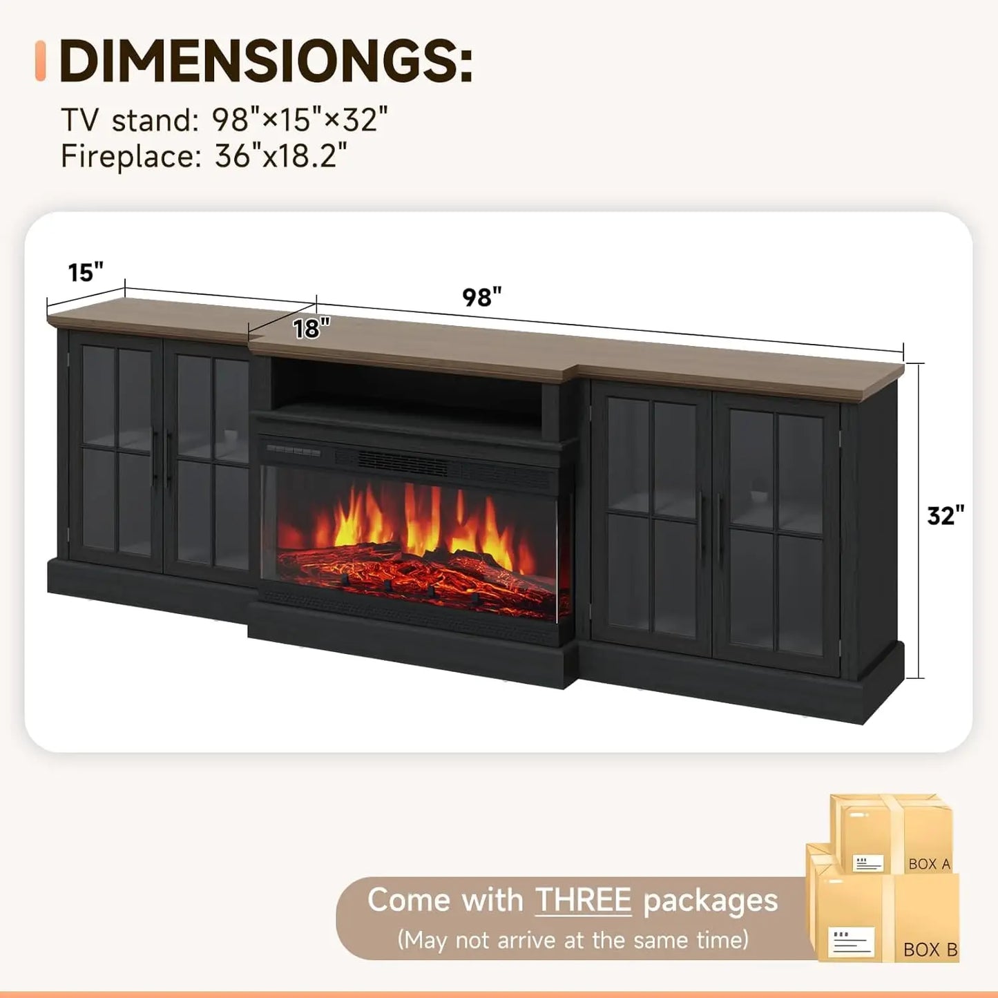 98" Farmhouse TV Stand With 36" Fireplace