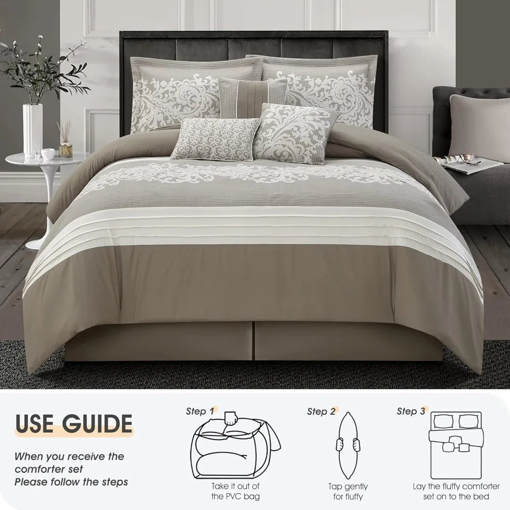 Queen Size Taupe Damask Jacquard Comforter Set