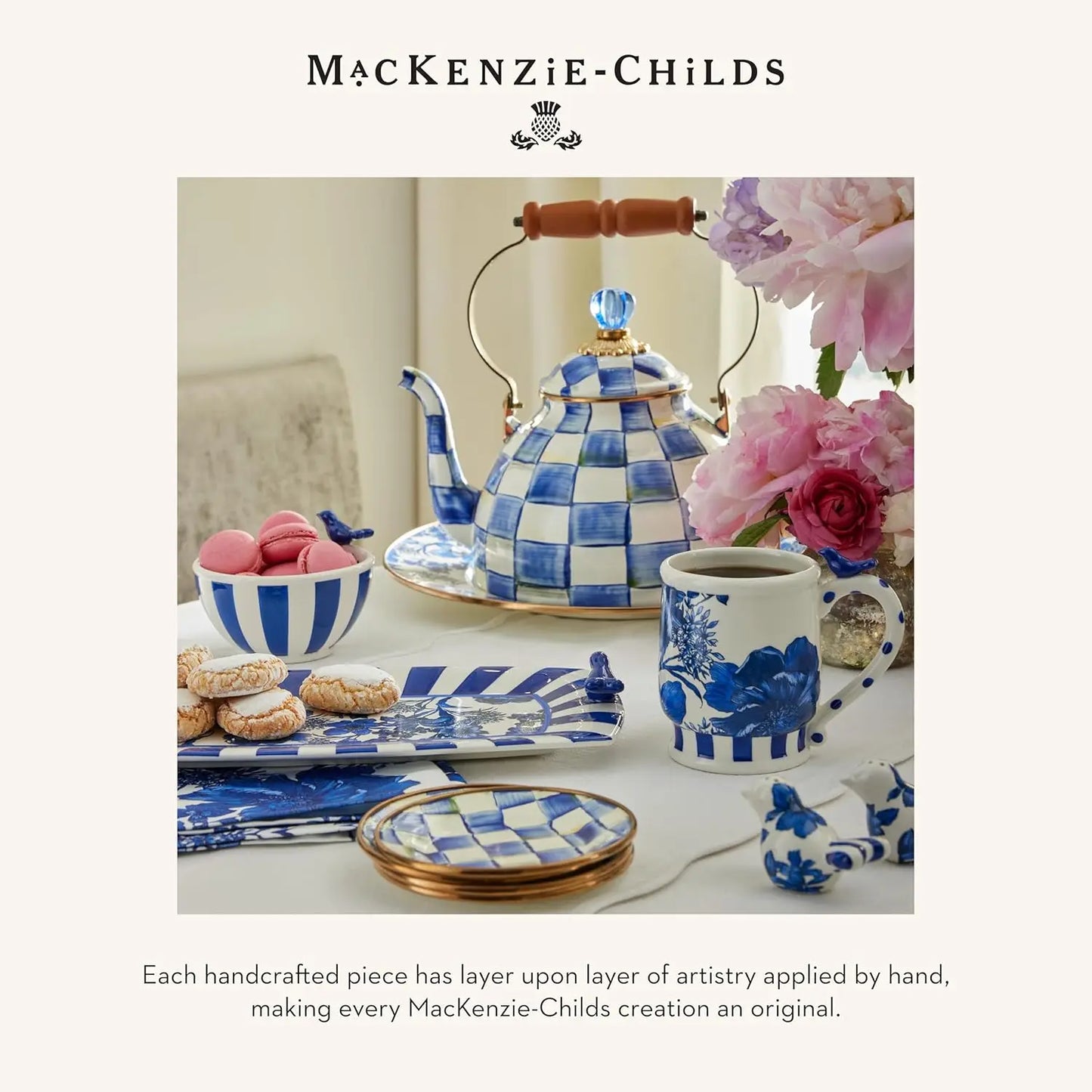 Enamel Tea Kettle, Blue-and-White Royal Check