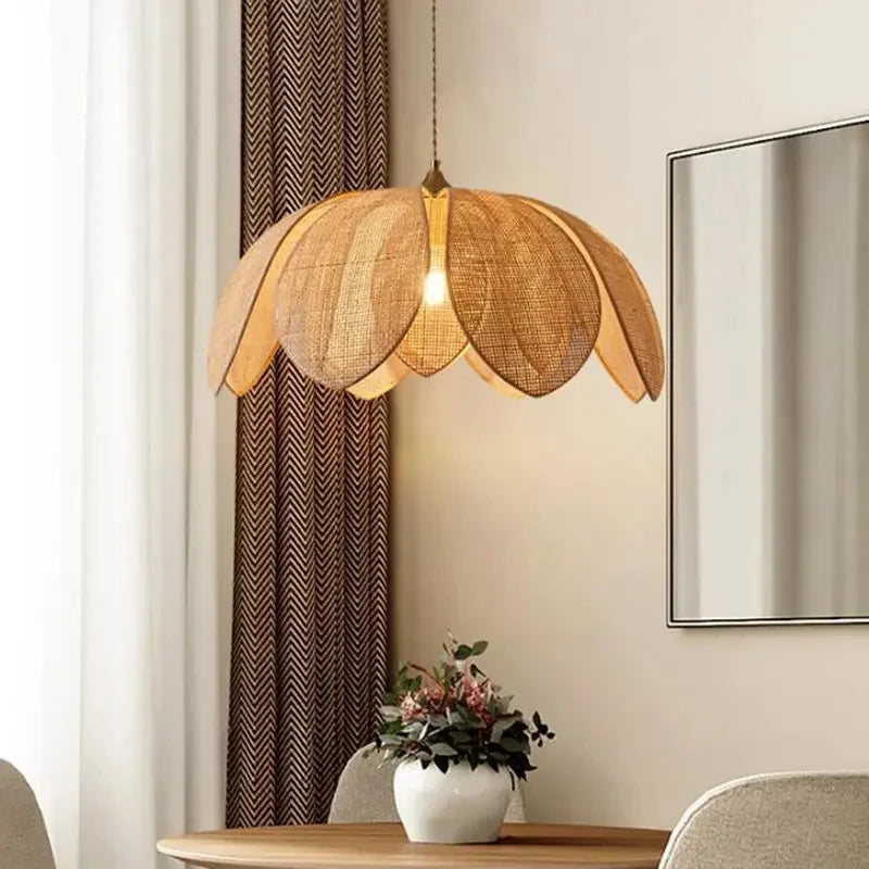 Chinese Style Natural Rattan Petal Pendant Light