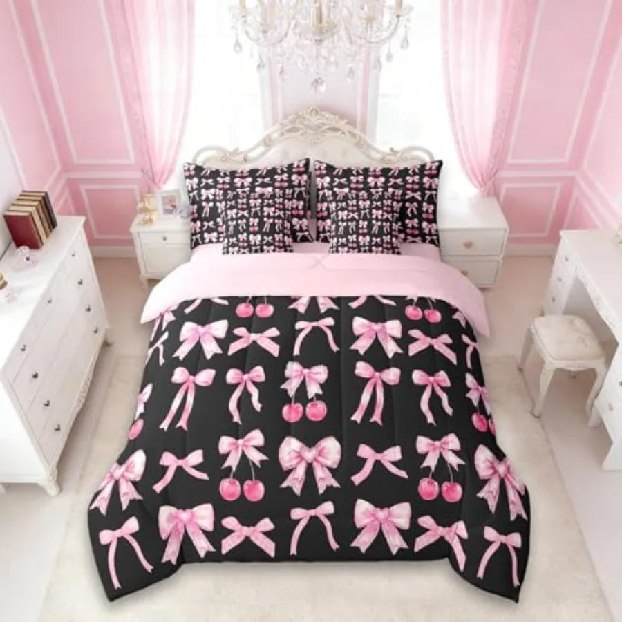 Pink Cherry Bow Comforter Set 7 Pcs
