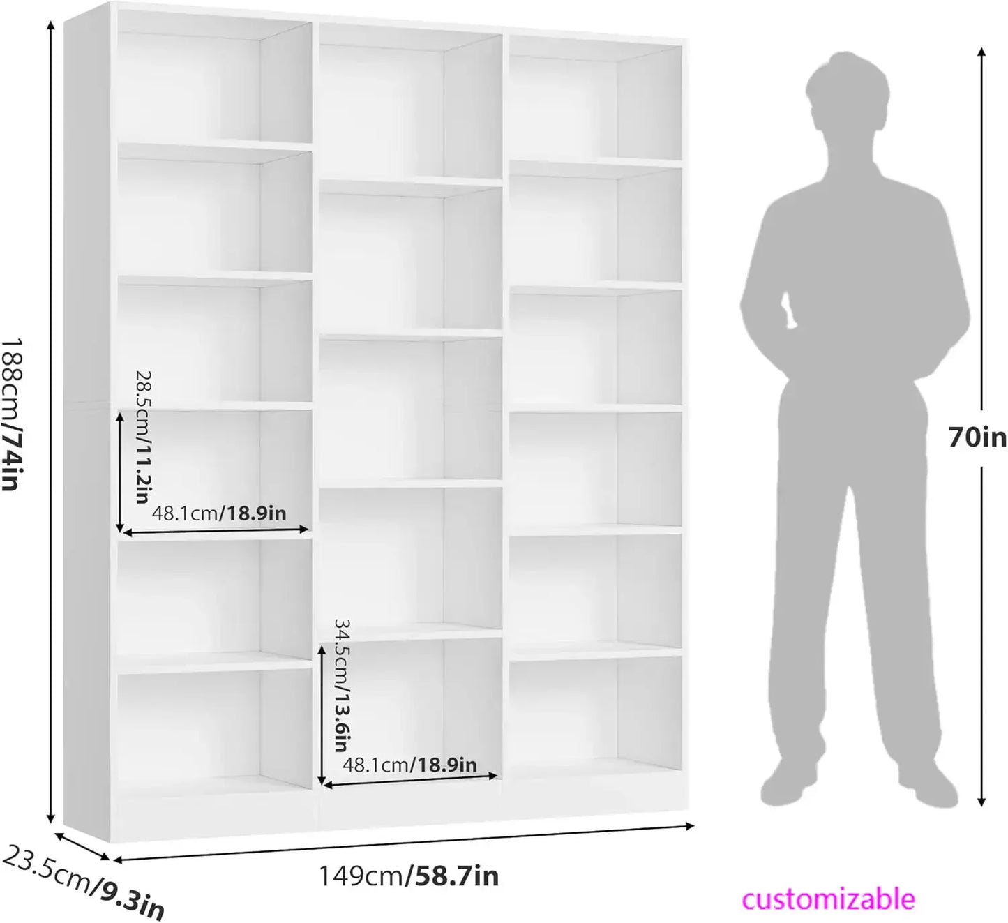 Triple Wide Bookshelf, 6 Tier74'' Tall