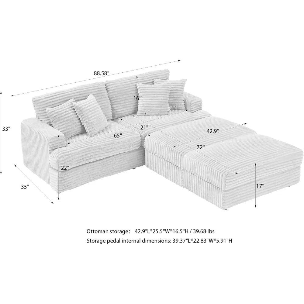 Pink Corduroy Loveseat Sofa With Storage Ottoman