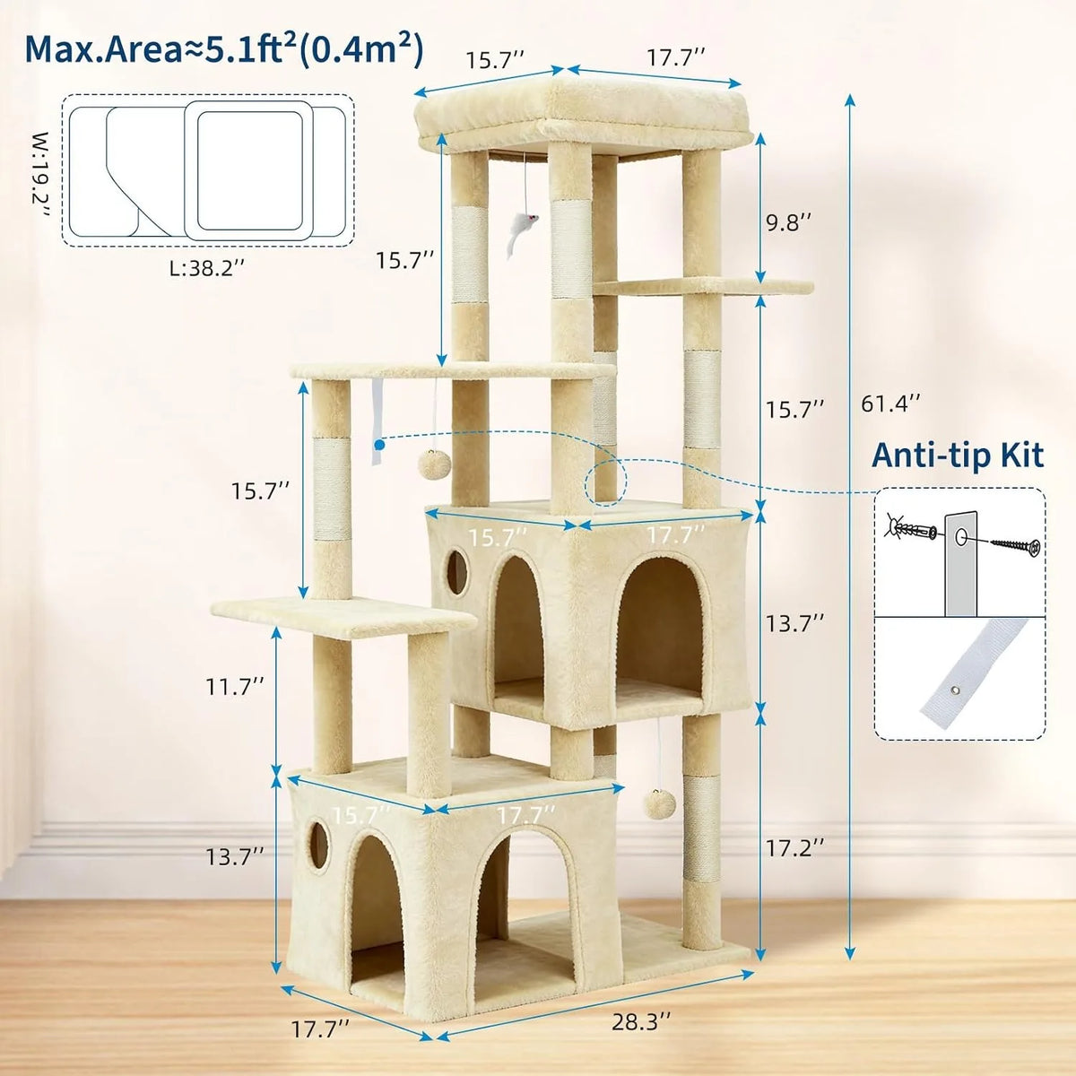 Large Cat Tree Tower with 7 Scratching Posts & 2 Cat Condos