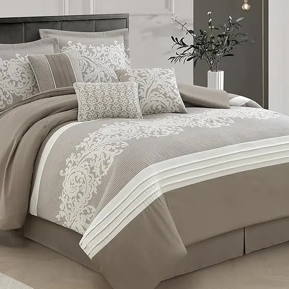 Queen Size Taupe Damask Jacquard Comforter Set