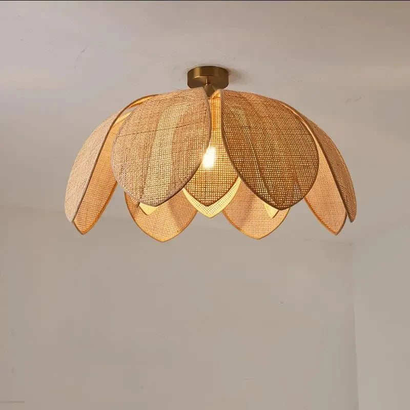 Chinese Style Natural Rattan Petal Pendant Light