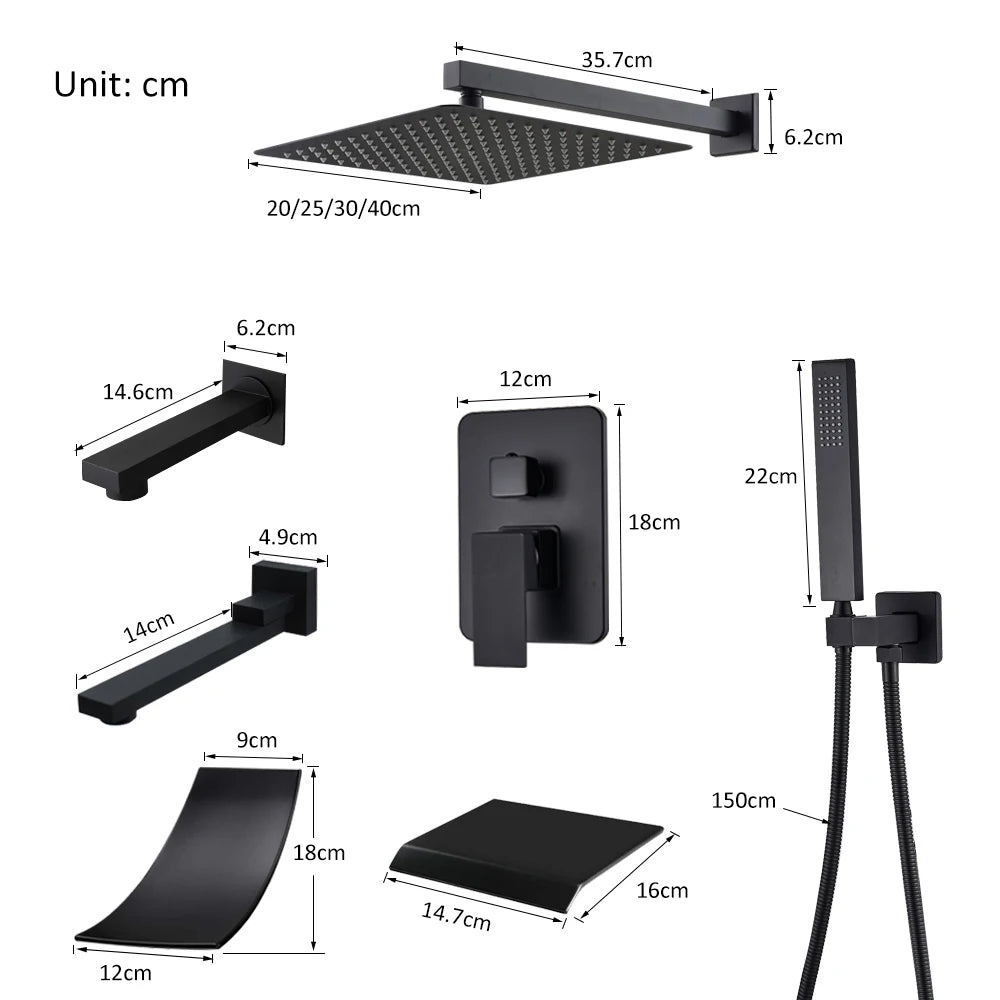 Black Concealed Shower System Rain Waterfall
