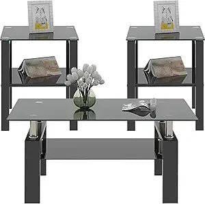 Black Glass Coffee Table Set of 3 Piece