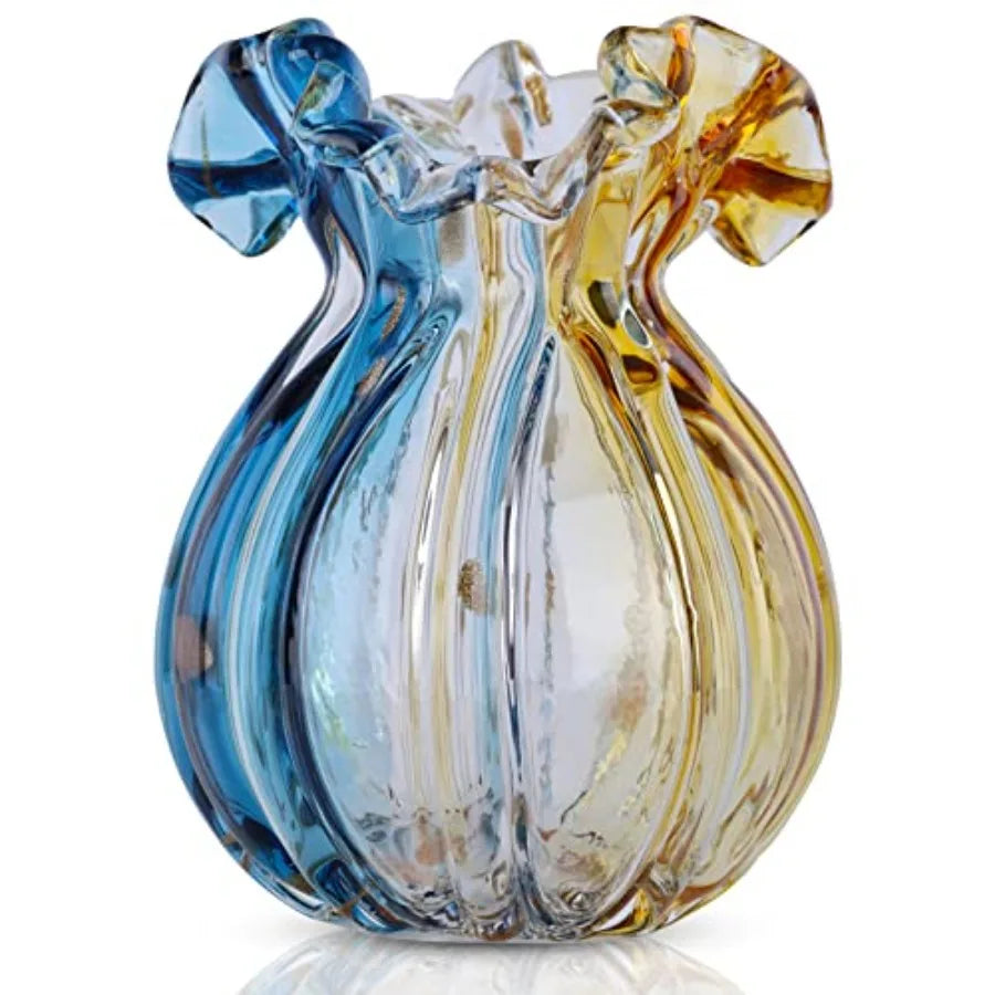 Hand Blown Glass vase, Green Wide-Mouth Petal-Shaped Vase