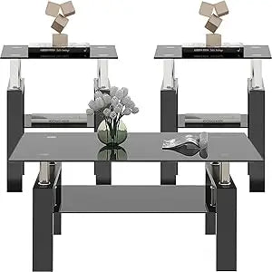 Black Glass Coffee Table Set of 3 Piece