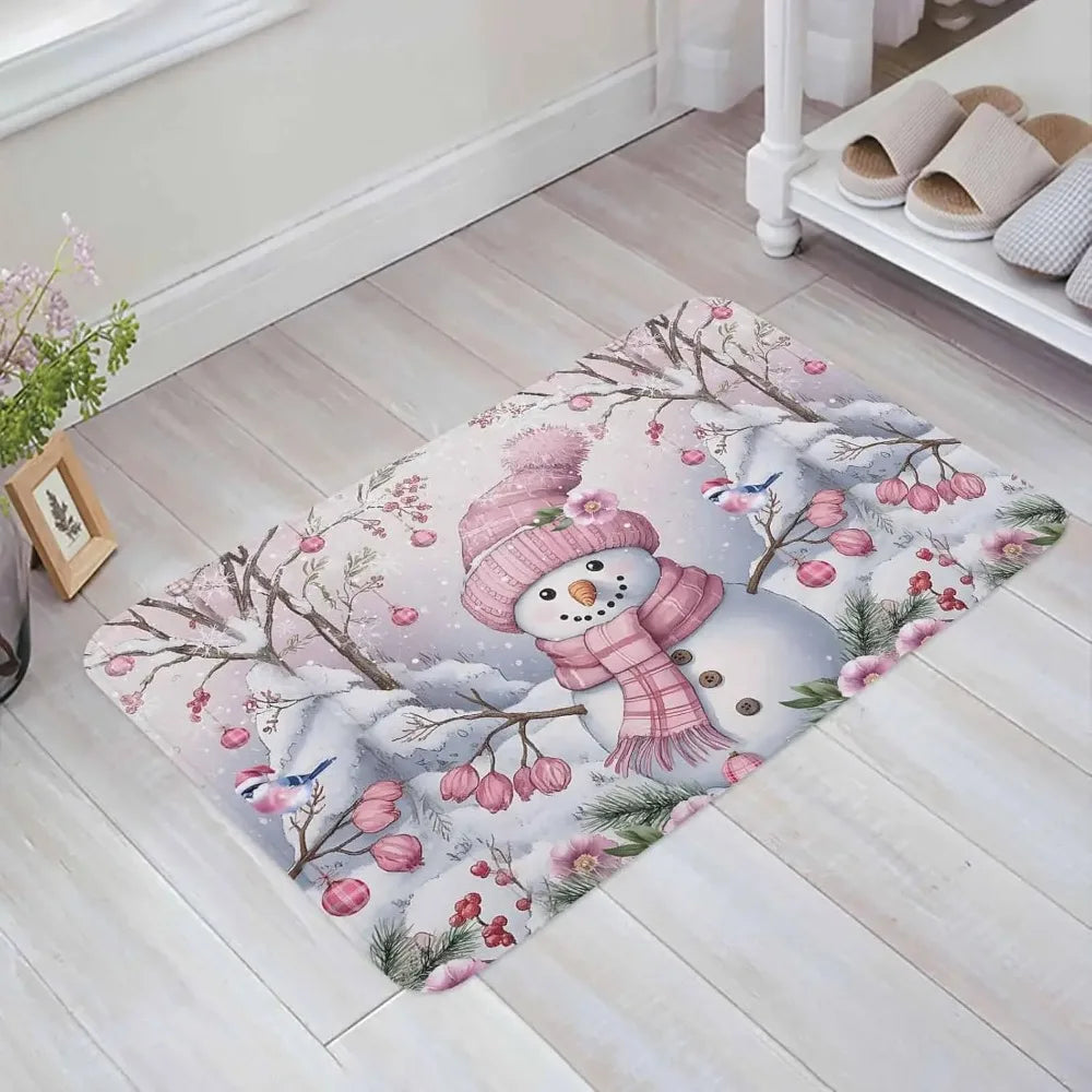 Pink Snowman Flowers Non-slip Door Mat