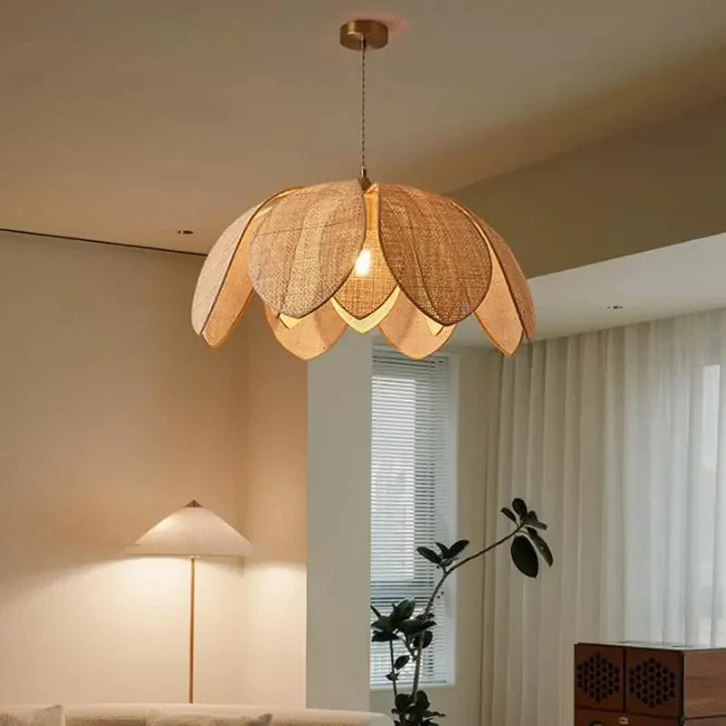 Chinese Style Natural Rattan Petal Pendant Light