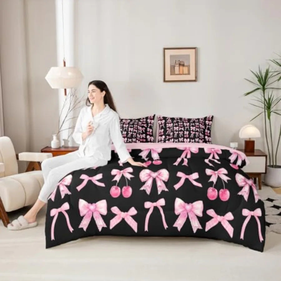 Pink Cherry Bow Comforter Set 7 Pcs