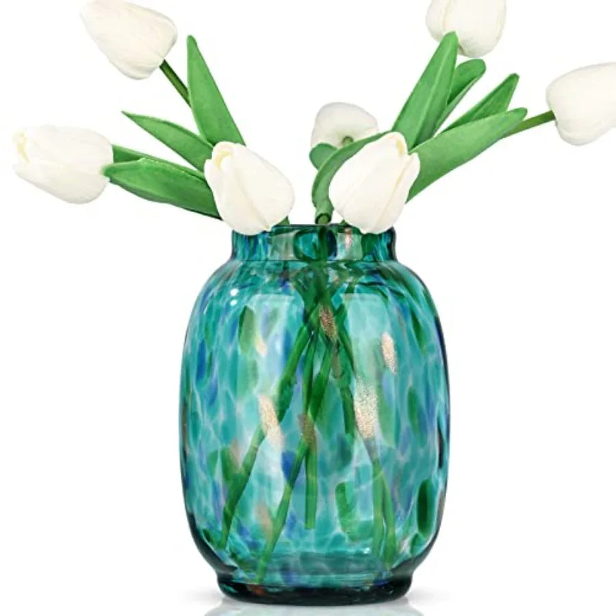 Hand Blown Glass vase, Green Wide-Mouth Petal-Shaped Vase