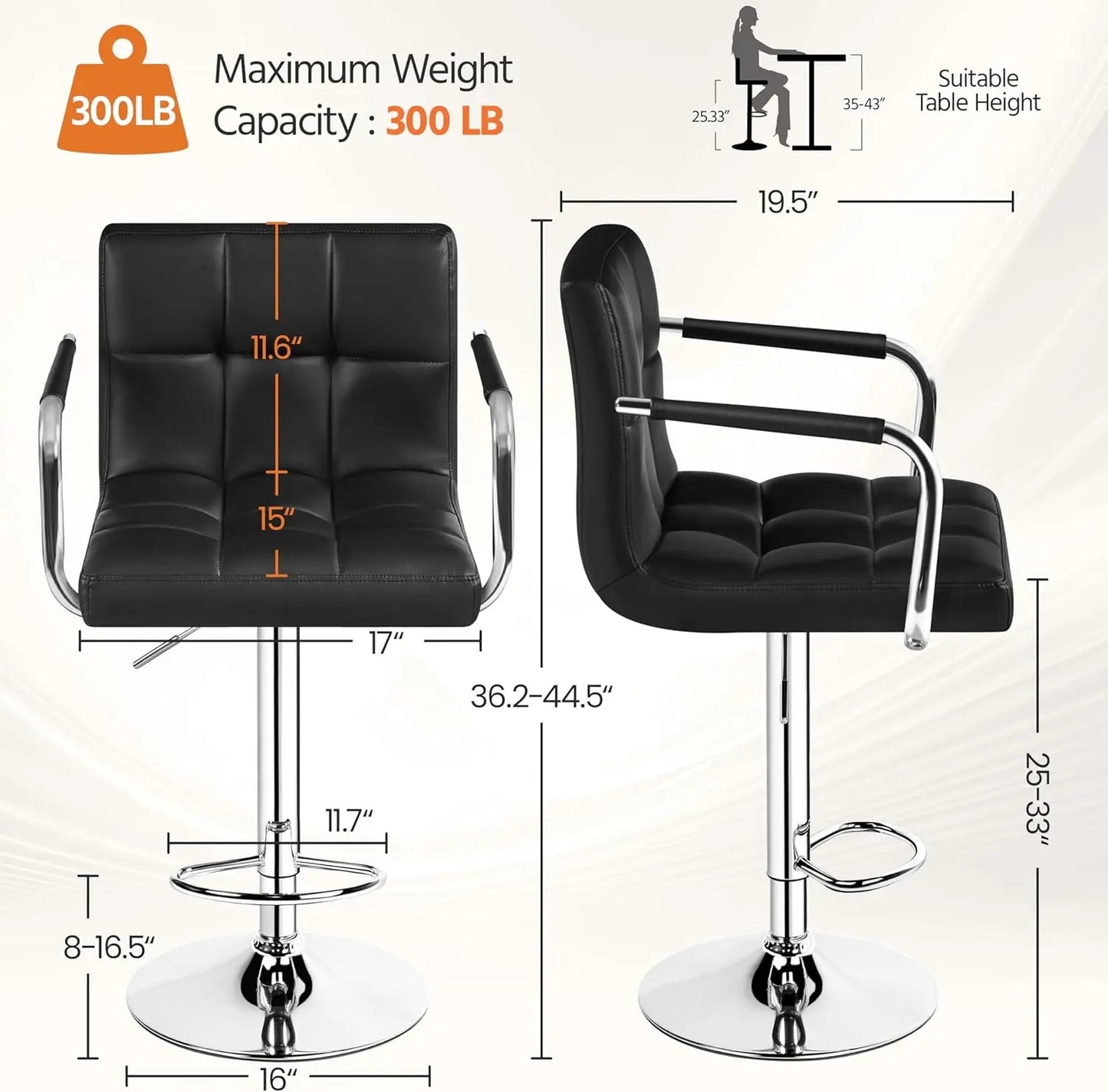 Bar Stools Set 2, Leather Adjustable Swivel