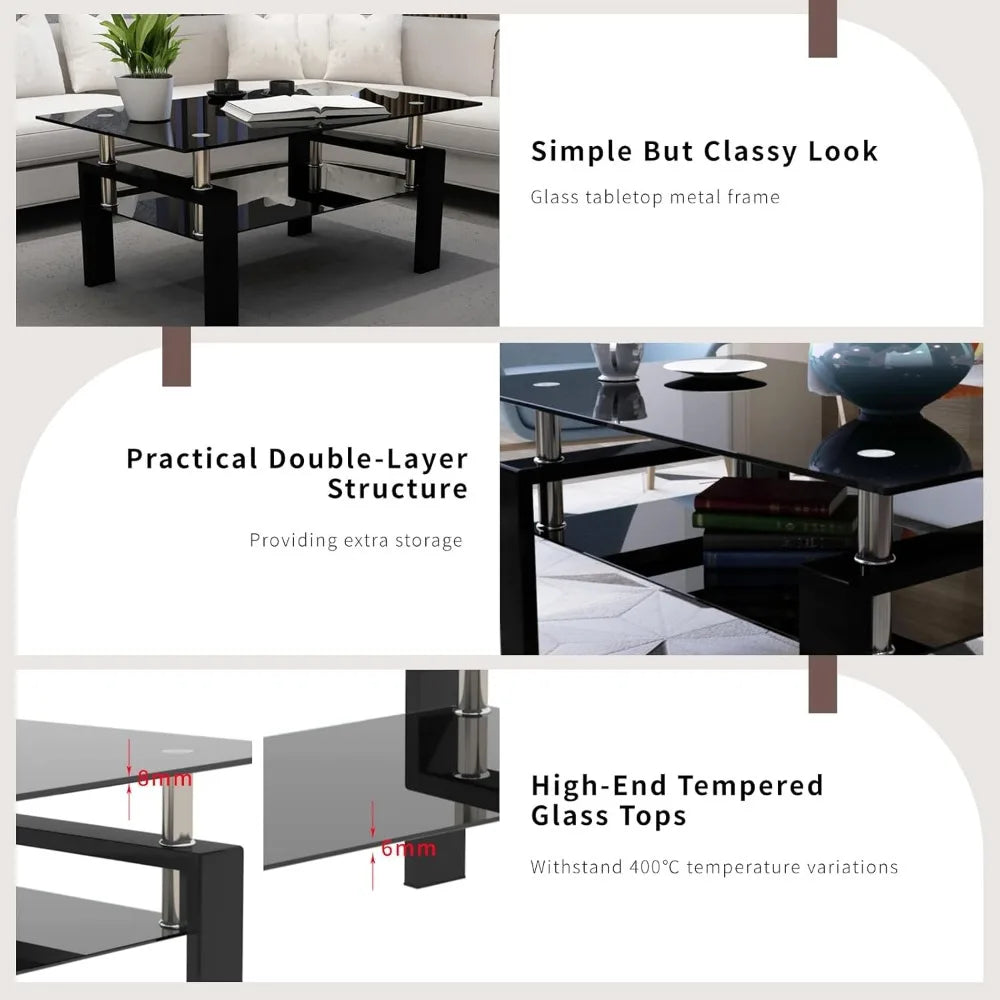 Black Glass Coffee Table Set of 3 Piece