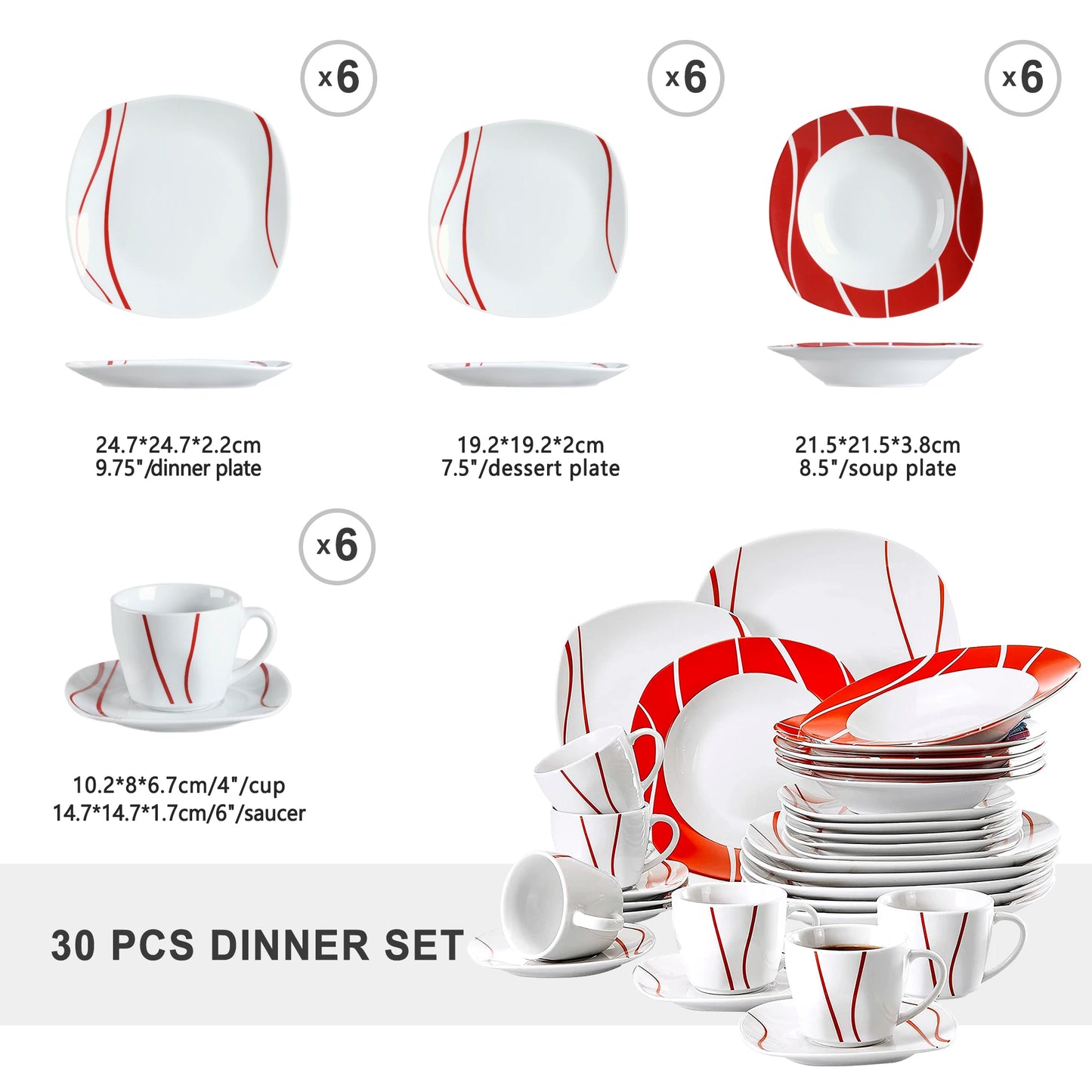 30 Pce Red Stripes Ivory White Porcelain Dinner Set