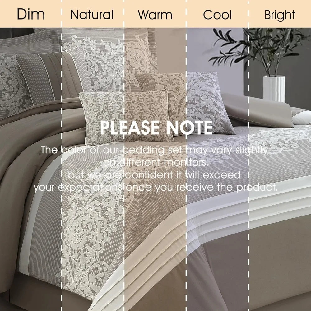 Queen Size Taupe Damask Jacquard Comforter Set