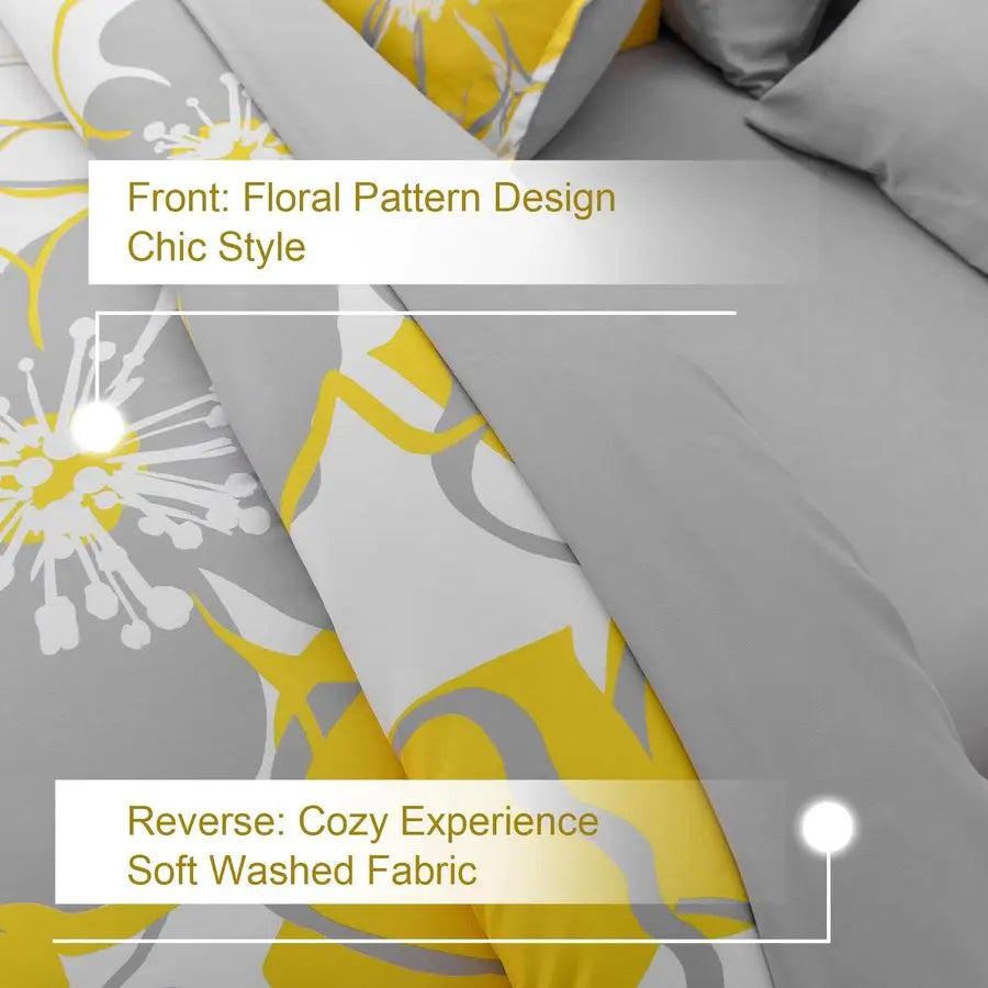 7 Pieces Yellow Floral Comforter Set Queen Size