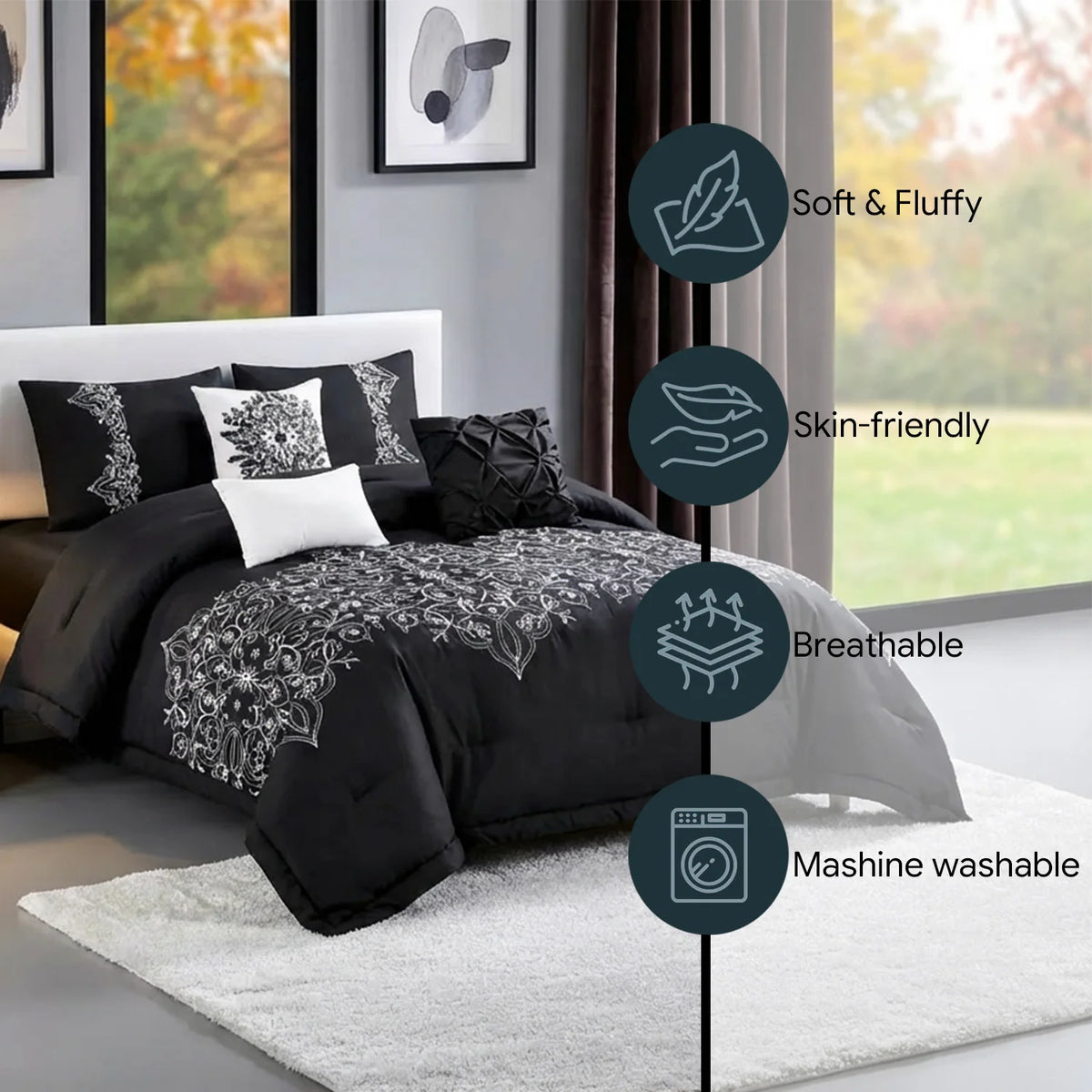 6 Pcs Embroidery Bed Comforter Set