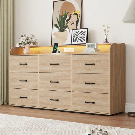 Wood Dresser With Power Outlet, LED Lights and Deep Drawers