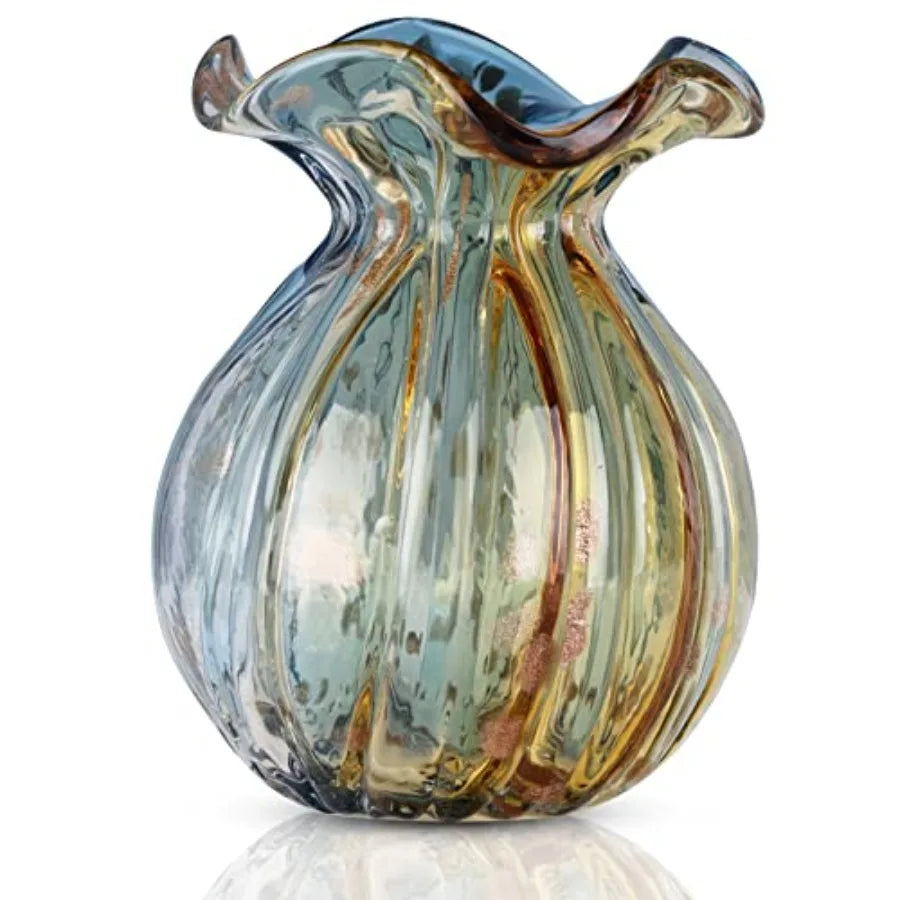Hand Blown Glass vase, Green Wide-Mouth Petal-Shaped Vase