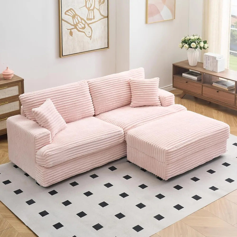 Pink Corduroy Loveseat Sofa With Storage Ottoman