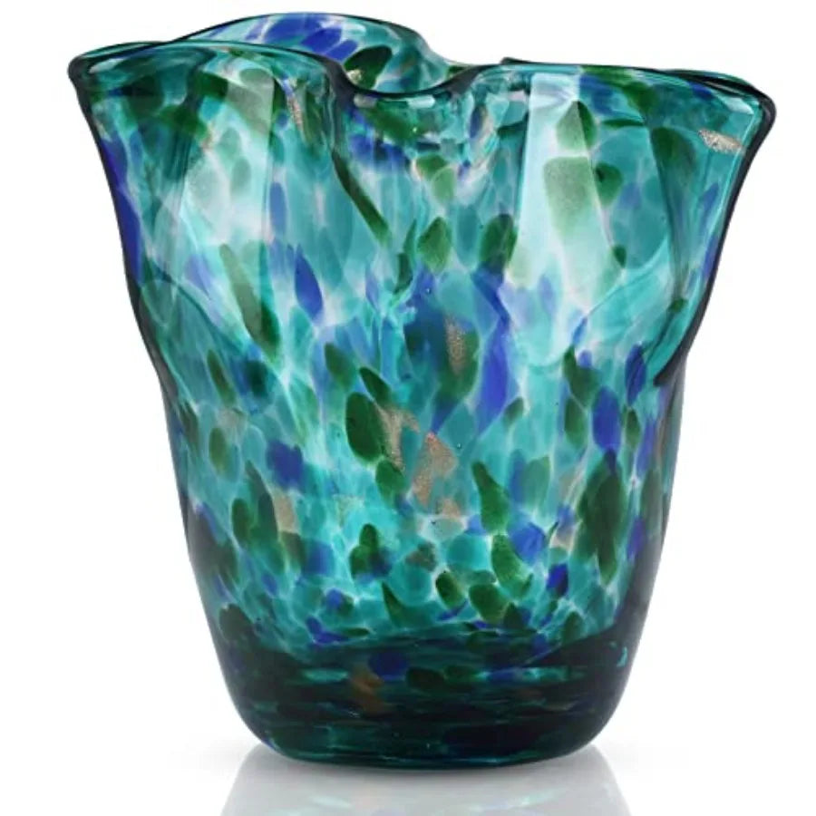 Hand Blown Glass vase, Green Wide-Mouth Petal-Shaped Vase