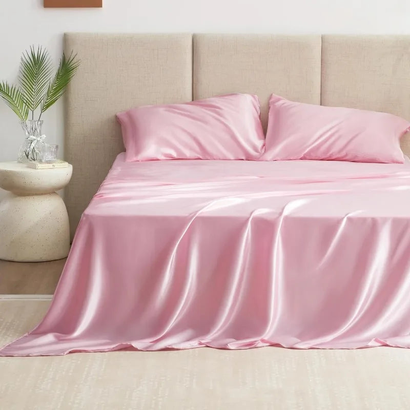 4 Piece Pink Silky Satin Bed Sheets Queen