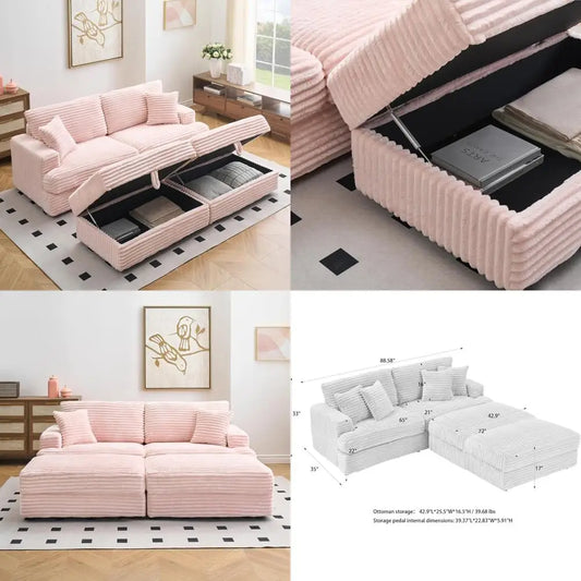 Pink Corduroy Loveseat Sofa With Storage Ottoman