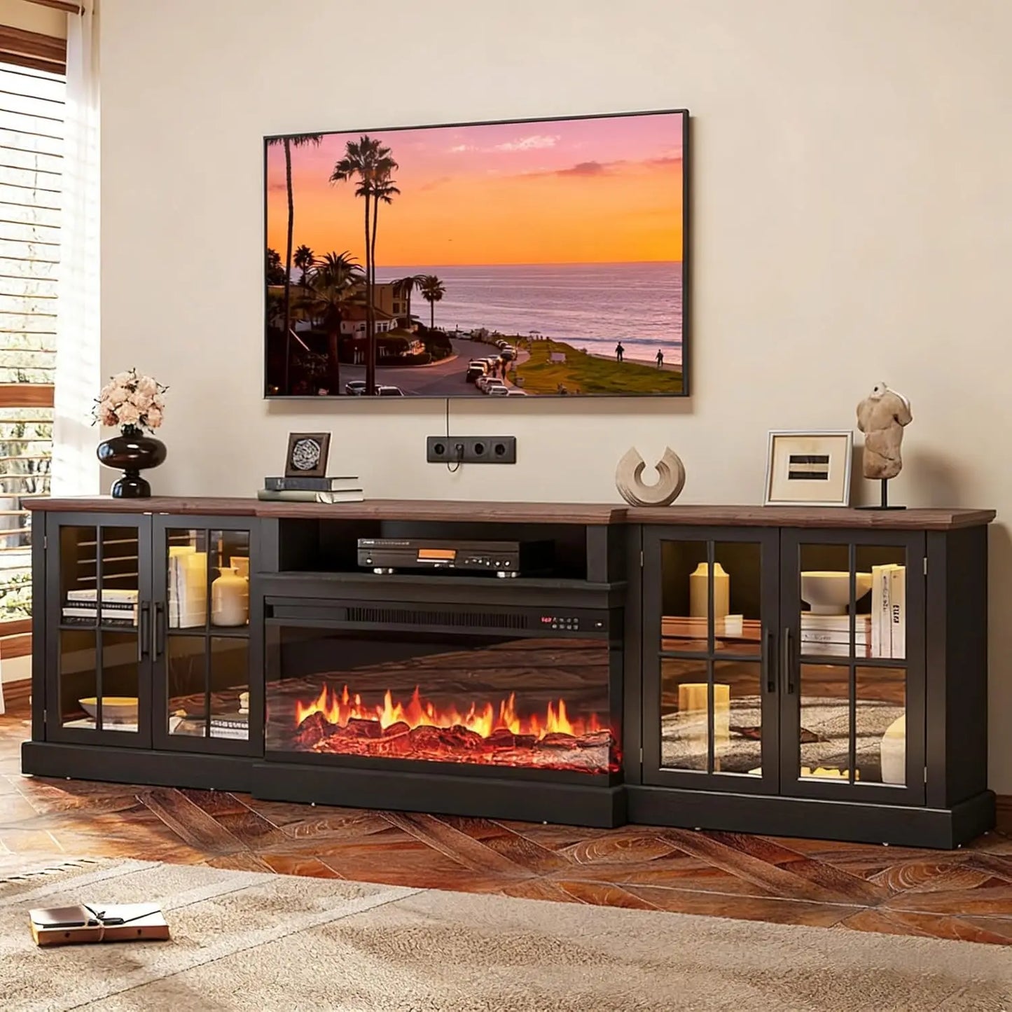 98" Farmhouse TV Stand With 36" Fireplace