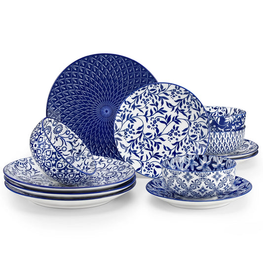 12/24/36 Piece Blue  & White Porcelain Plate Set