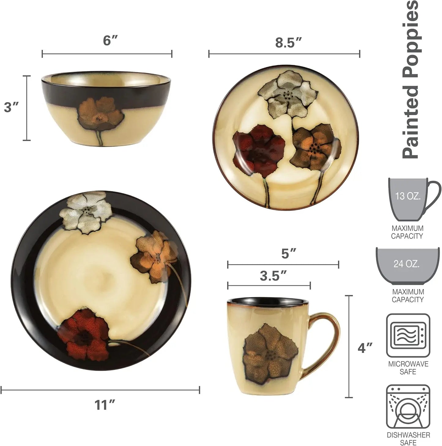 Painted Poppies 16-Piece Dinnerware Set