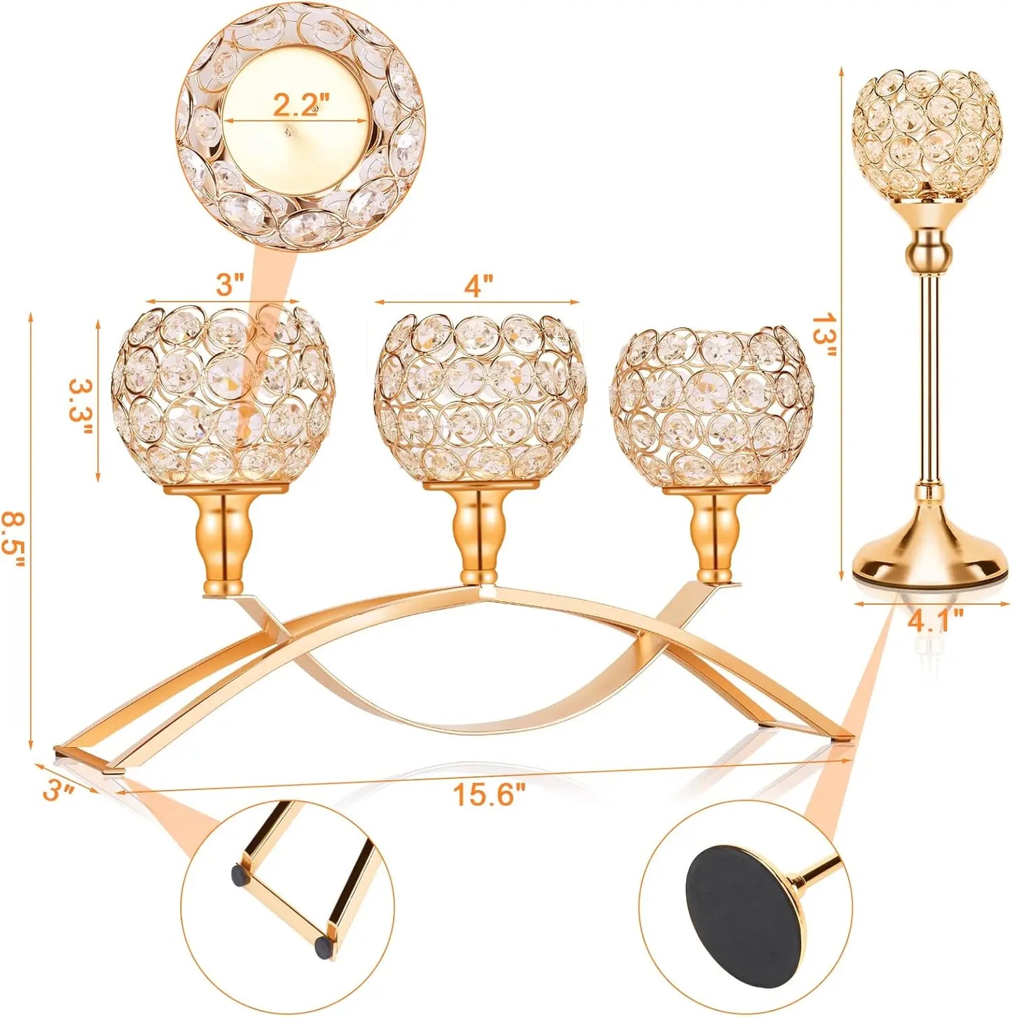 Gold Crystal Candle Holders 3 Arms 