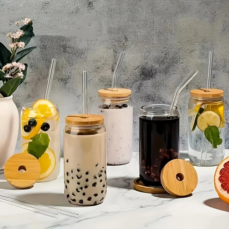 18.6oz Drinking Glasses With Bamboo Lids/Glass Straw