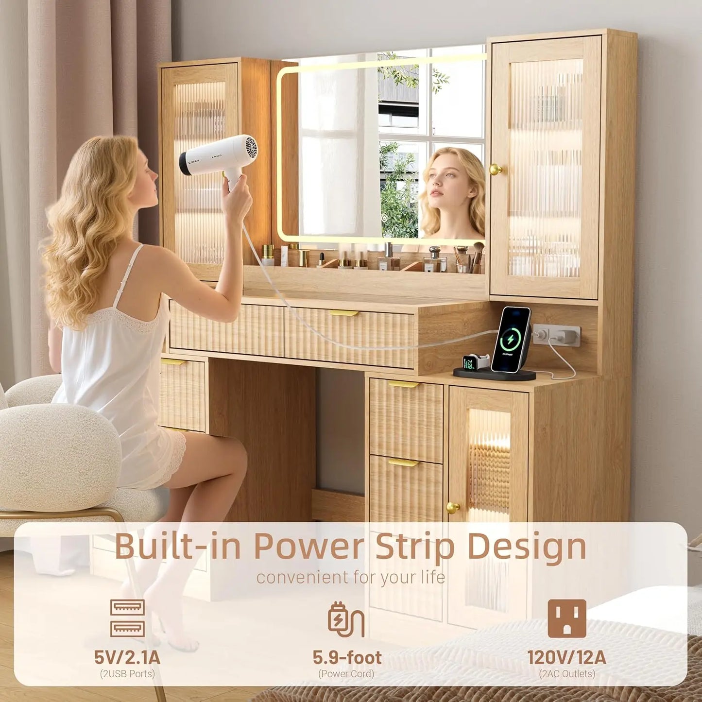 55" Vanity Desk with Mirror & Lights