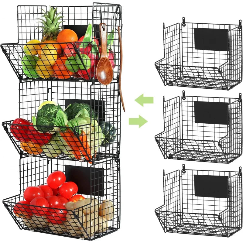 3 Tier Metal Wall Mount Basket W/Hooks & Chalkboards